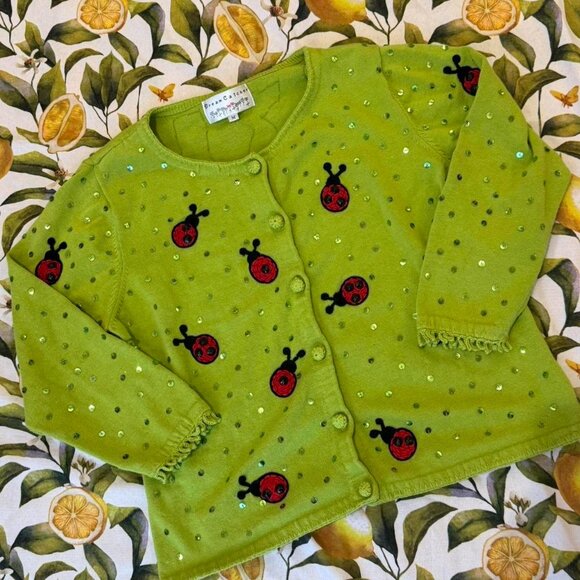 Dream Catcher Sweaters - 'SOLD//' Y2K knit lime green 3D ladybug cardigan! sequins + 3/4 slvs!